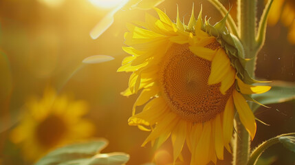 In the heat of summer, a sunflower's sunny bloom stands tall.