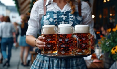 Wall Mural - Woman in a dirndl carrying a tray of steins filled with frothy beer at the Oktoberfest festival.