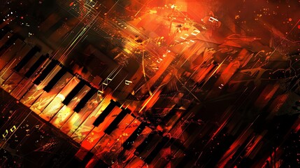 Wall Mural - An abstract digital art piece featuring a piano keyboard with a fiery, energetic design.