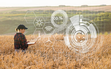 Aufkleber - Woman farmer working with laptop on wheat field. Smart farming