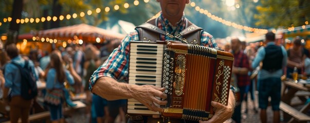 Wall Mural - Traditional Bavarian band playing lively tunes on accordion and brass instruments, entertaining the crowd at the Oktoberfest festival.