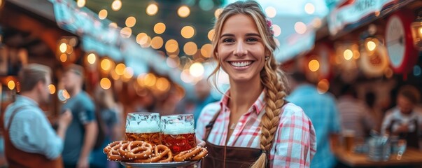 Wall Mural - Woman in traditional Bavarian dress carrying a tray of pretzels and beer steins with a joyful smile, serving festival-goers at the Oktoberfest festival.