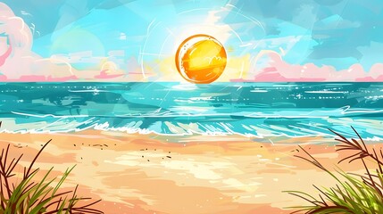 Wall Mural - Drawing of a sun in the sand of a beach, summer vacations travel panoramic background and web banner with copy space. 