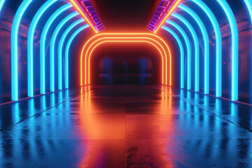 Wall Mural - Futuristic neon-lit tunnel with blue and red glowing arches creating a vibrant, sci-fi atmosphere. Perfect for cyberpunk and technology-themed designs.