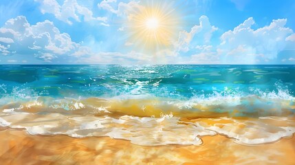 Wall Mural - Drawing of a sun in the sand of a beach, summer vacations travel panoramic background and web banner with copy space. 