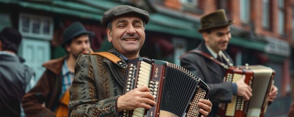 Traditional band playing accordion and brass instruments, entertaining the crowd.