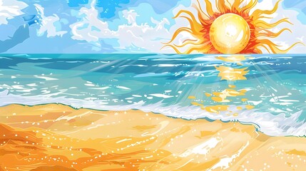 Wall Mural - Drawing of a sun in the sand of a beach, summer vacations travel panoramic background and web banner with copy space. 