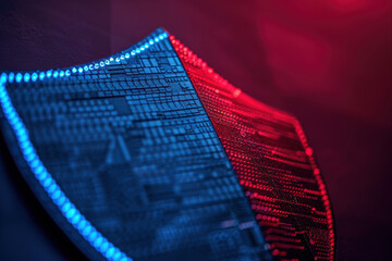 Wall Mural - Close-up of a blue and red shield symbolizing cybersecurity, featuring illuminated circuits representing digital protection and security technologies.