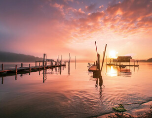 Wall Mural - Tranquil sunrise over a wooden pier and hut on calm water