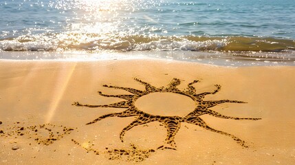 Wall Mural - Drawing of a sun in the sand of a beach, summer vacations travel panoramic background and web banner with copy space. 