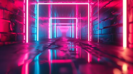 Wall Mural - a dark, futuristic hallway with neon lights.
