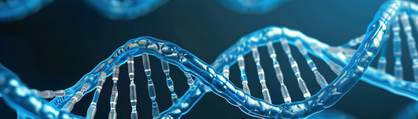 Wall Mural - Close-up view of a blue DNA helix structure, showcasing the intricate details and complexity of genetic sequences in a futuristic scientific context.