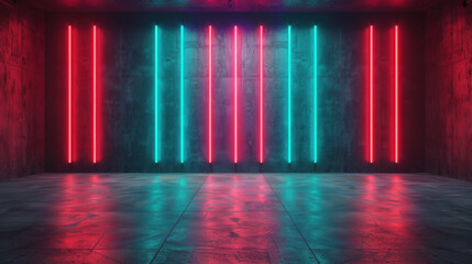 A futuristic room with parallel neon lights in red and blue illuminating a concrete wall, creating a modern and vibrant atmosphere.