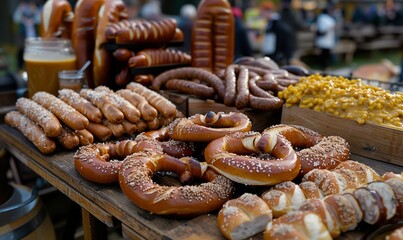 Wall Mural - Table laden with pretzels, sausages, and mustard at the Oktoberfest festival.