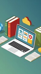 laptop computer and books on background. 3d illustration vector