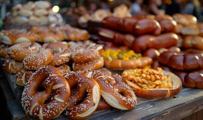 Wall Mural - Table laden with pretzels, sausages, and mustard at the Oktoberfest festival.