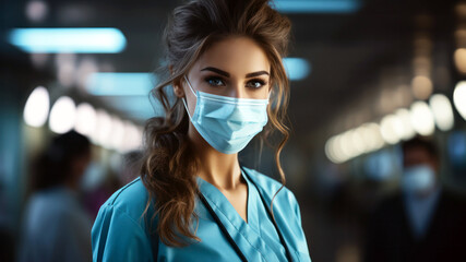 Close up portrait of a female nurse wearing medical protection mask. Young confident woman doctor standing in the hospital