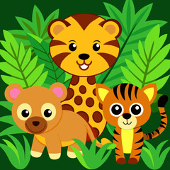 Poster - Cartoon wild animals in the jungle vector art illustration
