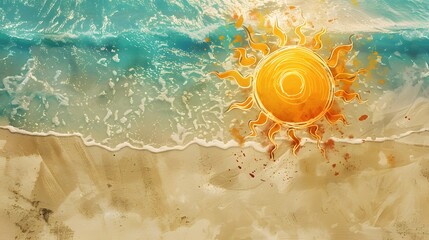 Wall Mural - Drawing of a sun in the sand of a beach, summer vacations travel panoramic background and web banner with copy space. 