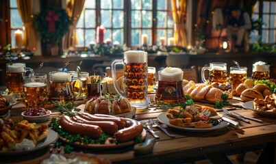 Wall Mural - Rustic wooden table set with sausages, pretzels, and beer steins at the Oktoberfest festival.