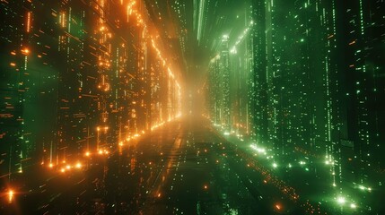 Glowing data streams in a digital matrix