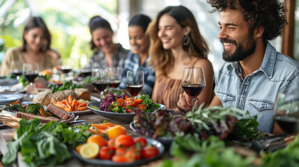 Group of friends enjoying a meal with wine and fresh vegetables at an outdoor dining table

