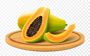 Wall Mural - ripe papaya on wooden tray or cutting board, isolated on transparent background. pawpaw, papaya half