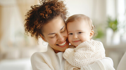 Happiness of African American mother and kid is smile and hug together at home. Mother day love son and daughter in family