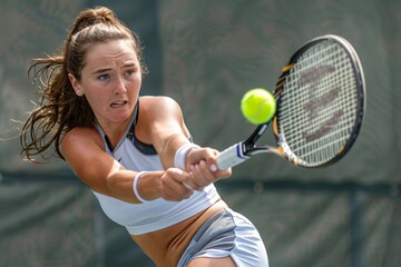 Young, focused female tennis player hitting a forehand on a sunny day