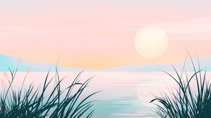 Wall Mural - Grass on the lake shore, hills and sunrise on the opposite shore