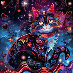  Colorful, abstract cat illustration with hearts and flowers.