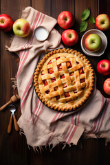 homemade apple pie on a wooden ground with apples, food background, fall season