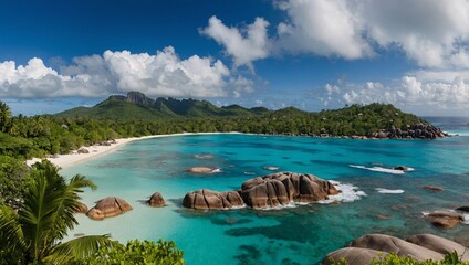 Wall Mural - Seychelles coastal panorama with beach