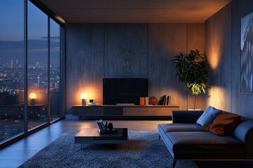 Sticker - A warm and inviting home interior scene featuring comfortable furniture and a large window