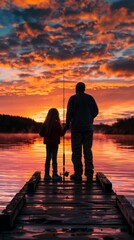 A serene moment between a father and daughter fishing at sunset on a pier, surrounded by warm colors. Emphasizes the bond and tranquility of their shared experience.