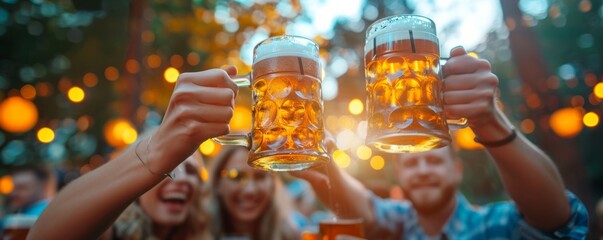 Wall Mural - Friends clinking beer mugs amidst laughter and joyous celebration at Oktoberfest.