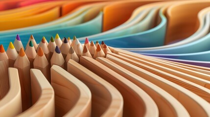 Wave of colorful wooden pencils in a row isolated on white background, panoramic background, back to school web banner concept. 