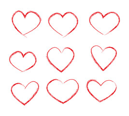 Wall Mural - set of red hand-drawn cute hearts in different random shapes. doodle illustration. vector icons in s