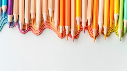 Wave of colorful wooden pencils in a row isolated on white background, panoramic background, back to school web banner concept. 