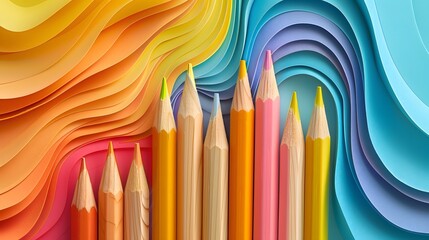 Wave of colorful wooden pencils in a row isolated on white background, panoramic background, back to school web banner concept. 