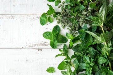 Green herbal mix of fresh mint and melissa herbs on white wooden background, generative ai