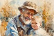 © Ева Поликарпова - A depiction of a man holding a child's hand, surrounded by artistic brushes and colors