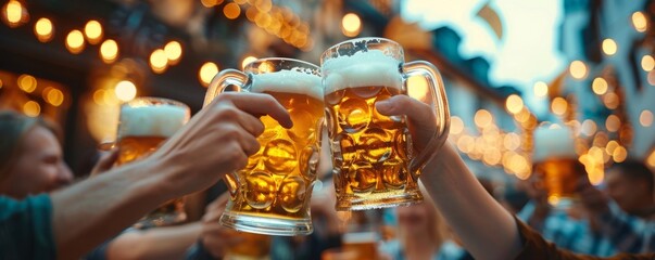 Wall Mural - Group of friends in lederhosen and dirndls toasting with large steins.