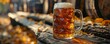 © peppastocker - Close-up of a traditional wooden beer stein filled with frothy amber beer at Oktoberfest.