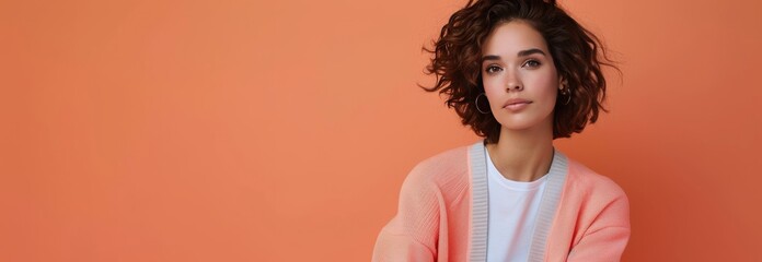 Wall Mural - Woman in Yellow Sweater Against Orange Background