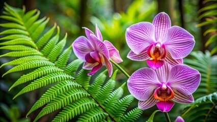 Wall Mural - Pink Orchid with Green Fern Leaves.