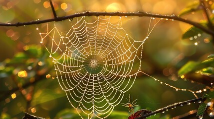 Morning dew on a spider web glistening in the sunlight, creating a beautiful and intricate natural scene in a garden.