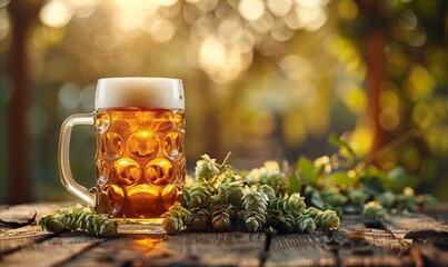 Wall Mural - Close-up of a beer mug with hops and barley in the background at the Oktoberfest festival.