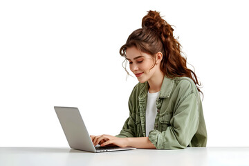 Beuaty woman working on laptop on white