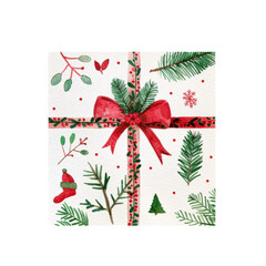 A beautifully wrapped Christmas gift adorned with festive greenery and red bow, perfect for holiday celebrations.